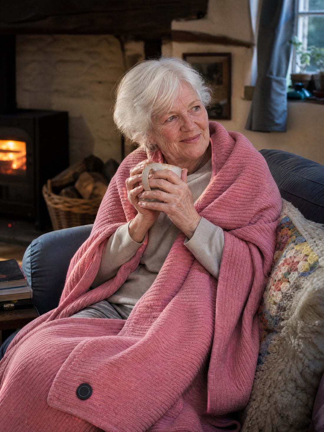 An older woman on a sofa with the wrap across her shoulders, holding a mug